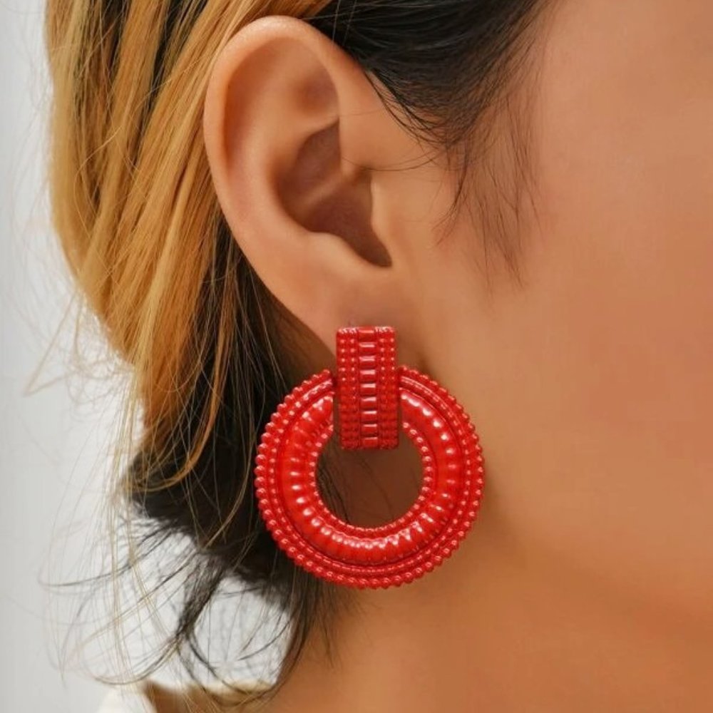 NEW Red Textured Round‎ Doorknocker Fashion Stud Earrings